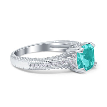 Cushion Cut Art Deco Engagement Ring Simulated Paraiba Tourmaline CZ 925 Sterling Silver